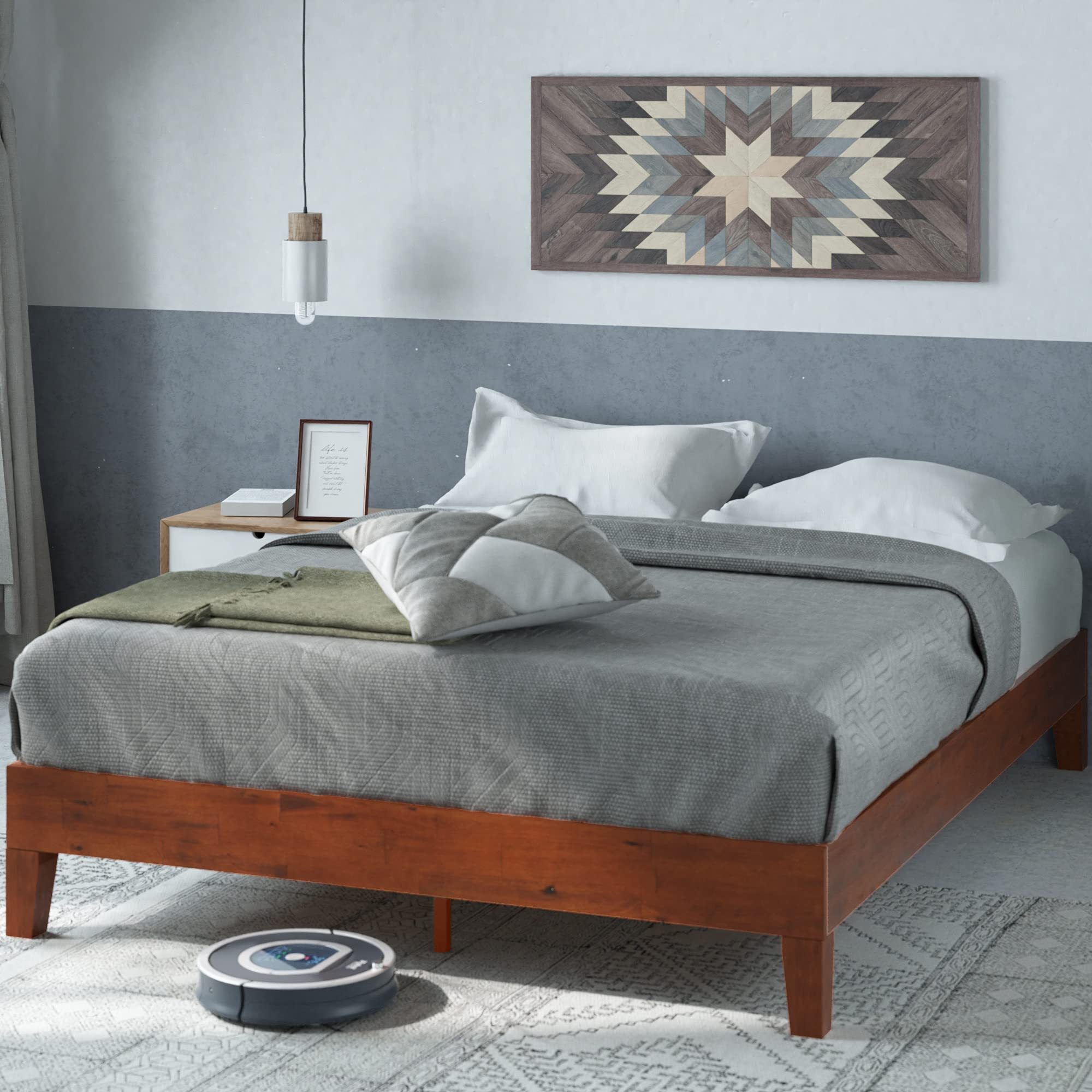 ZINUS Wen Deluxe Wood Platform Bed Frame / Solid Foundation / Wooden Slat Support / No Box Spring Needed / Easy Assembly, Queen Cherry Queen Deluxe