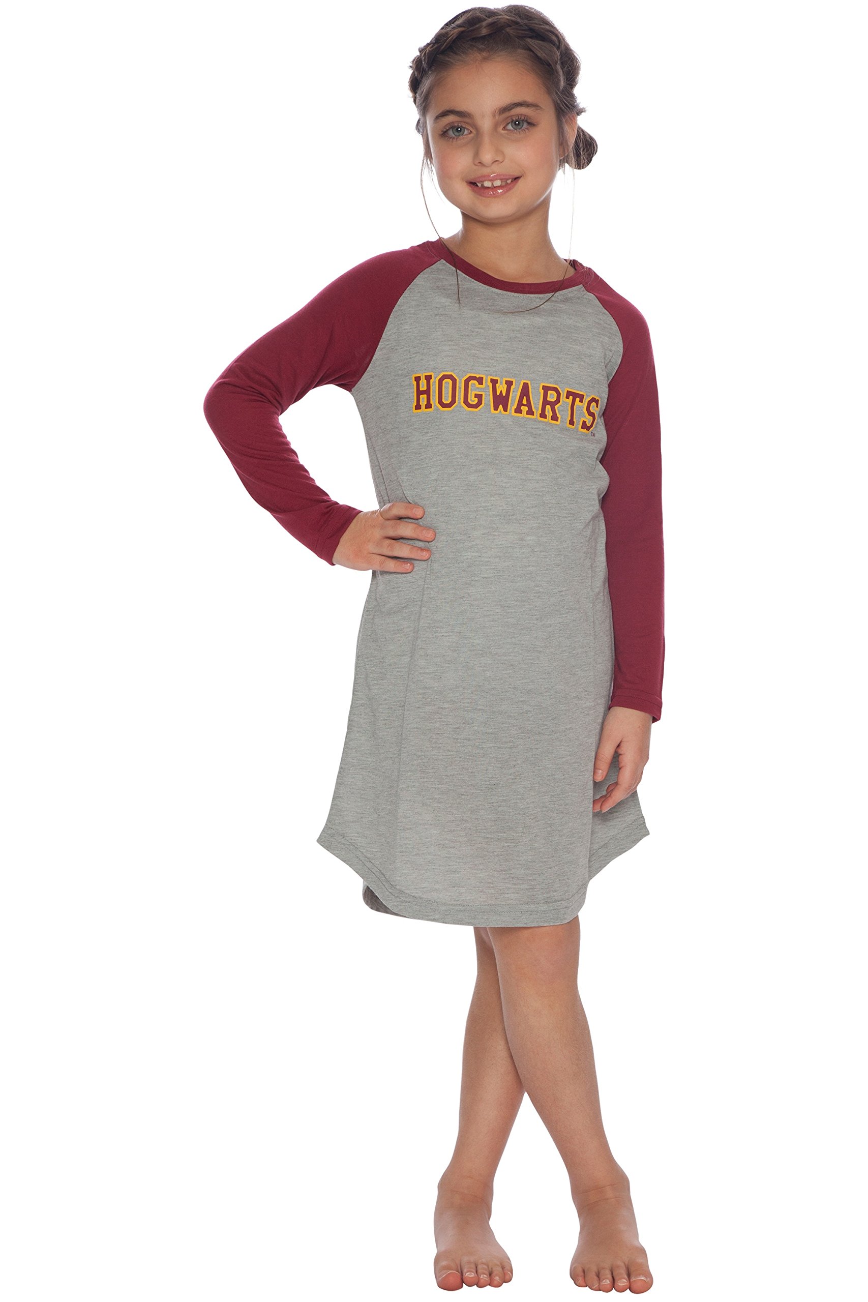 Harry Potter Long Sleeve Hogwarts Raglan Night Gown Big Girls 6-6X Grey