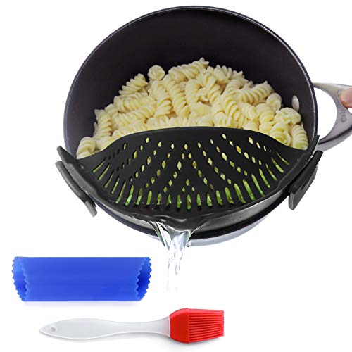 Book Cover Clip-On Kitchen Food Strainer for Spaghetti, Pasta, Ground Beef Grease, Colander & Sieve Snaps on Bowls, Pots and Pans, Set includes Silicone Strainer, Brush & Garlic Peeler by Salbree (Black)