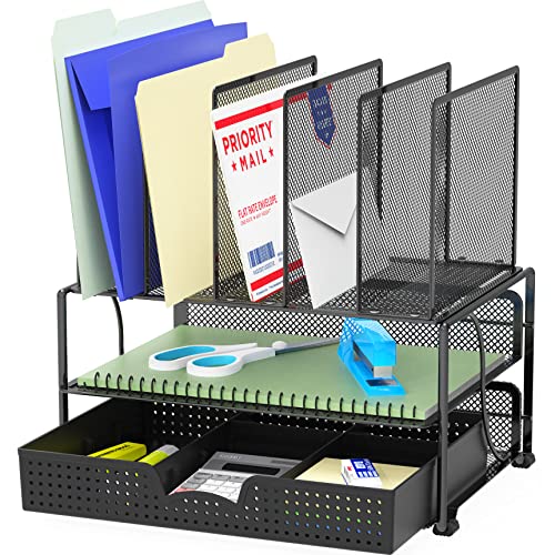 Book Cover SimpleHouseware Mesh Desk Organizer with Sliding Drawer, Double Tray and 5 Upright Sections, Black