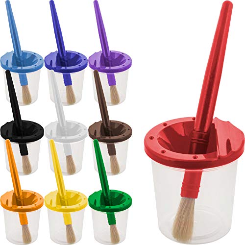 Book Cover U.S. Art Supply 10 Piece Children's No Spill Paint Cups with Colored Lids and 10 Piece Large Round Brush Set with Plastic Handles