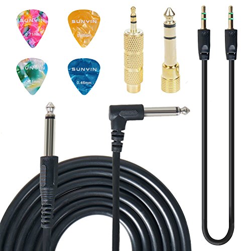 SUNYIN Electric Guitar Cable,Guitar Amp Cord 10-Feet Electric Instrument Amp Cord 1/4 Inch Plug,Gold Plated 3.5mm&6.5mm Converter Adapter,3.5mm Audio Cord(Black),4 Picks