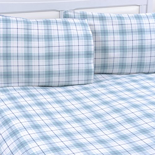 Book Cover Mellanni 100% Organic Cotton Flannel Sheet Set - Lightweight 4 pc Luxury Bed Sheets - Cozy, Soft, Warm, Breathable Bedding - Deep Pockets - All Around Elastic (Queen, Plaid Blue â€“ Green)