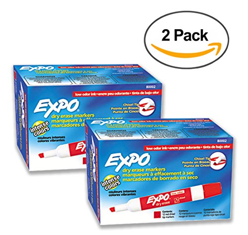 Expo 80002 Low Odor Dry Erase Markers, Chisel Tip, Red Color, 2 Sets with 12 Markers, Total of 24 Markers