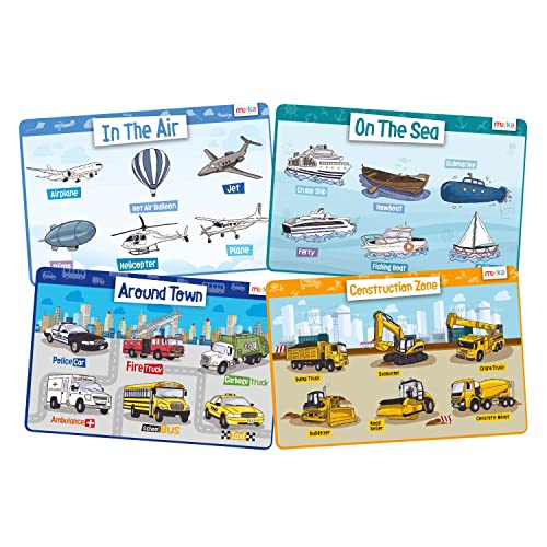 merka Educational Placemats for Kids: Fun & Interactive Table Mats, Perfect for Toddler Through Grade School Age Children - Set of 4 Wipeable Silicone Transportation Mats, Air, Sea, Town, Work Zone
