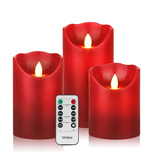 Vinkor Flameless Candles Flickering Flameless Candles Decorative Flameless Candles Classic Real Wax Pillar with Moving LED Flame & 10-Key Remote Control 2/4/6/8 Hours Timer (Burgundy 4" 5" 6")