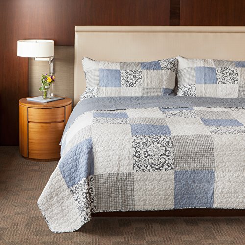 Book Cover SLPR Sweet Dreams 3-Piece Patchwork Cotton Bedding Quilt Set - King with 2 Shams | Blue Country Quilted Bedspread