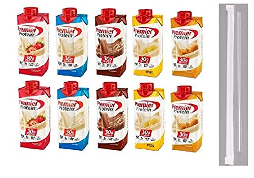 Book Cover Premier Protein Shakes Drinks - Low Carb High Protein Shakes Variety 10 Pack (30g) | 2 of Each Flavor - Chocolate, Strawberry, Vanilla, Banana & Caramel | Bonus of 10 Individually Wrapped Straws