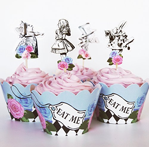 24 Vintage Alice in Wonderland Cupcake Toppers Picks + Wrappers by Red Fox Tail