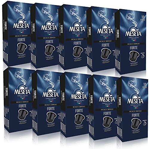 Book Cover 100 Meseta Forte Nespresso Compatible (Original Line) Capsules Italian Gourmet coffee the perfect choice for the lovers of strong coffee, and for those who want to enjoy a creamy espresso Intensity 11