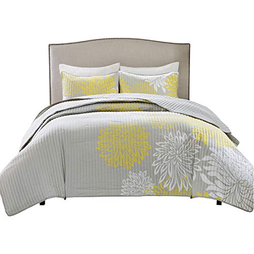 Book Cover Comfort Spaces Enya 3 Piece Quilt Coverlet Bedspread Ultra Soft Floral Printed Pattern Bedding Set, King, Yellow-Grey
