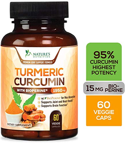 Turmeric Curcumin 95% Curcuminoids Highest Potency 1950mg with Bioperine Black Pepper for Best Absorption, Made in USA, Best Vegan Joint Pain Relief Turmeric Pills by Natures Nutrition - 60 Capsules