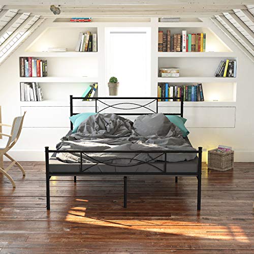 Book Cover SimLife Steel Double Platform Box Spring Needed Black Metal Bed Frame Full Size 10 Legs Two Headboards Mattress Foundation