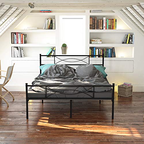 SimLife Steel Double Platform Box Spring Needed Black Metal Bed Frame Full Size 10 Legs Two Headboards Mattress Foundation