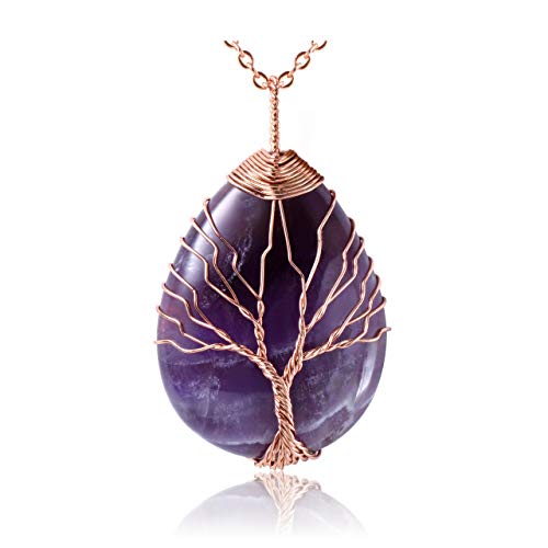 Book Cover Top Plaza Wire Wrapped Tree of Life Natural Gemstone Teardrop Pendant Necklace Healing Crystal Chakra Jewelry for Women - Amethyst