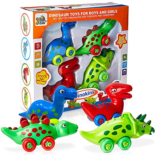 3 Bees & Me Dinosaur Car Toys for Toddlers | Dinosaurs with Wheels 4-in-1 Pack, Fun Party Toy, Play Set for Kids | Birthday Gift for Boys and Girls | Certified BPA Free, Lead Free, and Phthalate Free