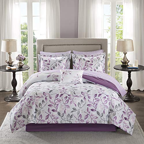 Madison Park Essentials Cozy Bed in A Bag Comforter with Complete Cotton Sheet Set-Trendy Floral Design All Season Cover, Decorative Pillow, Twin(68"x86"), Lafael, Leaf Purple 7 Piece