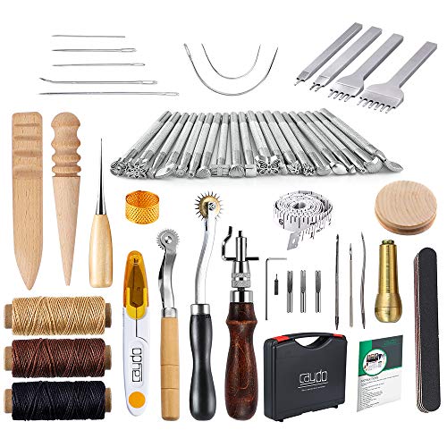 Book Cover Caydo 59 Pieces Leather Working Tools Kit with Instructions for Hand Sewing Stitching, Stamping Set and Saddle Making
