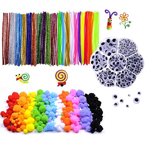 BESTTOYHOME 1000 pcs Craft Pipe Cleaners Glitter Chenille Stems Bundle Including 200 Pipe Cleaners, 200 Pom Poms, 600 Wiggle Eyes in a Box