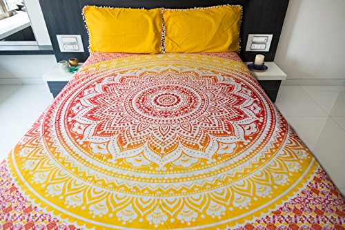 Book Cover Ombre Mandala Bedspread with Pillow Covers, Indian Bohemian Tapestry Wall Hanging, Picnic Blanket or Hippie Beach Throw, Hippy Mandala Bedding for Bedroom Decor, Queen Size Sunset Hue Boho Tapestry
