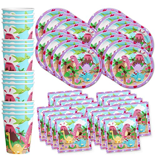 Pink Little Dino Girl Dinosaur Birthday Party Supplies Set Plates Napkins Cups Tableware Kit for 16
