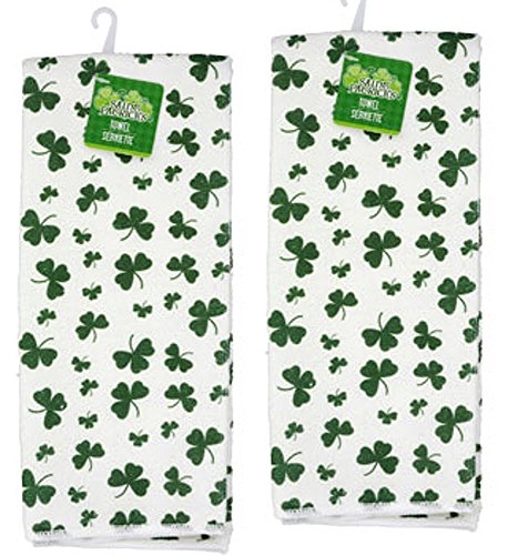 Book Cover St. Patrick's Day Towels for Kitchen or Bathroom - Shamrock Towel - 3 Different Saint Patrick's Day Designs - Each Sold As Set Of 2 (White Shamrocks Towels)