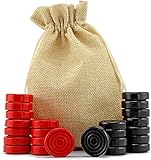 Attatoy Black & Red Carved Stackable Wooden Checkers (24 Pieces); with Drawstring Cloth Storage Bag