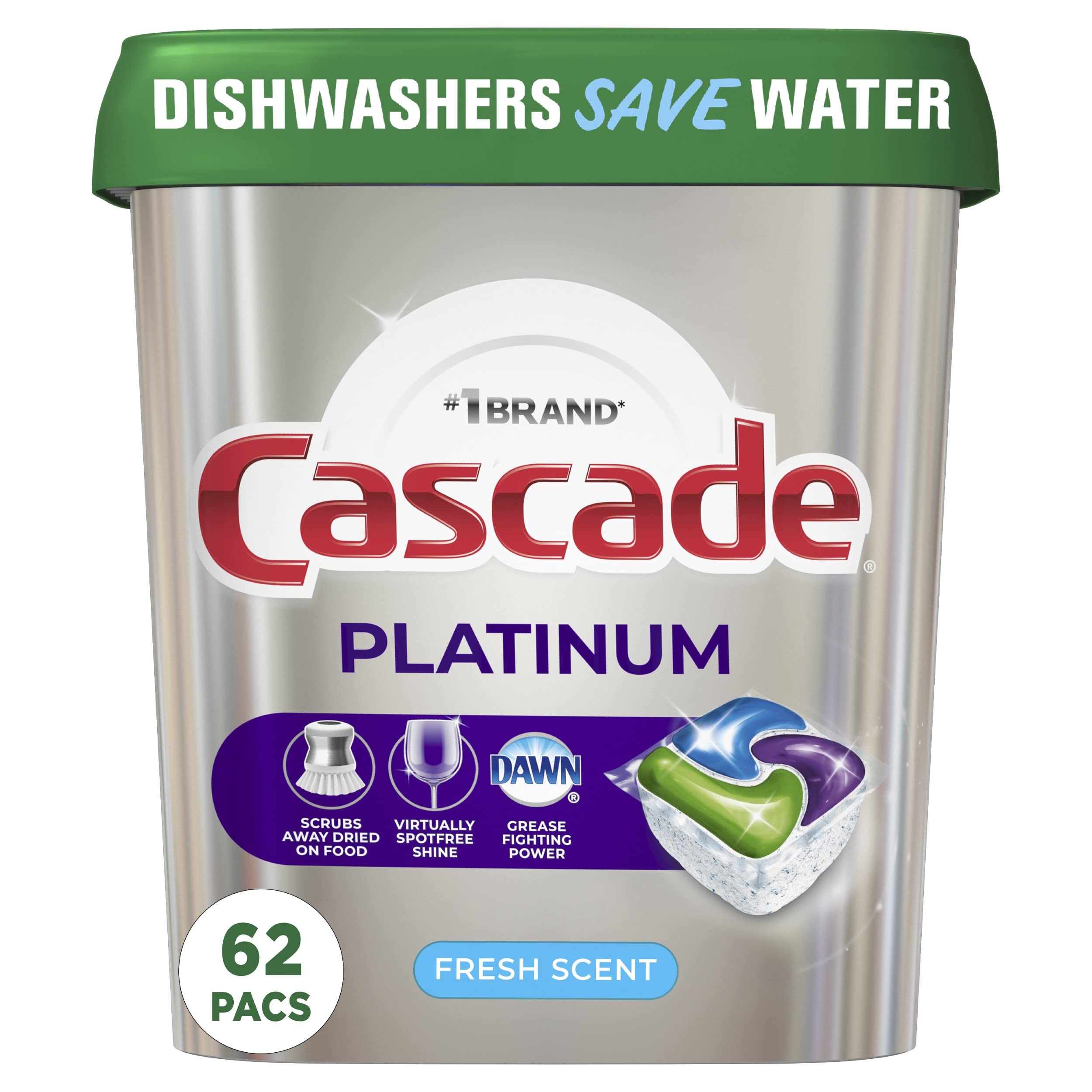 Book Cover Cascade Platinum Dishwasher Pods, Actionpacs Dishwasher Detergent, Fresh Scent, 62 Count