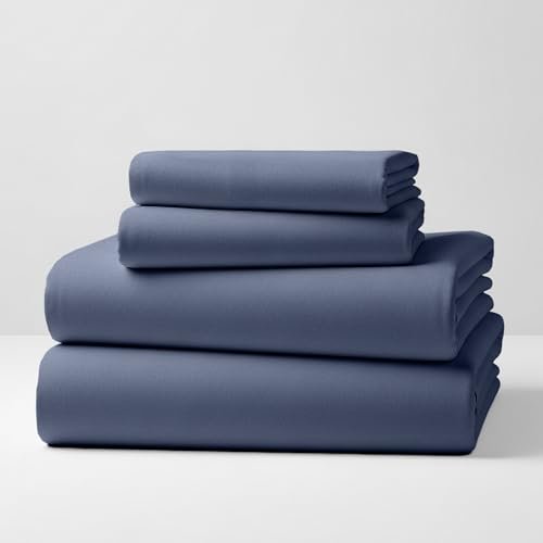 Mellanni Cotton Flannel Sheet Set - Double Brushed for Added Softness & Comfort - Deep Pocket Fitted Sheet up to 16" - 4 Piece Set (Full, Blue)