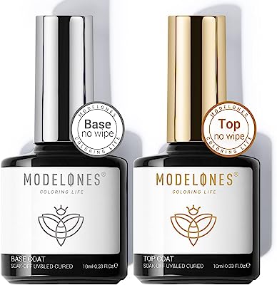 Modelones Gel Nail Polish No Wipe Top and Base Coat Set（2x10ml）UV LED Soak Off New Upgraded Formula Long-Lasting and Shiny Finish ...