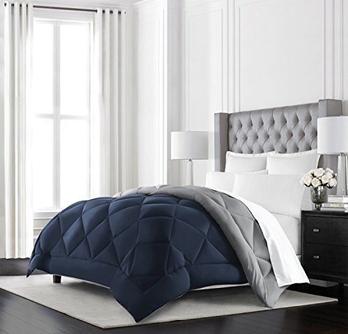 Beckham Hotel Collection Goose Down Alternative Reversible Comforter - All Season - Premium Quality Luxury Comforter - Full/Queen - Navy/Sleet