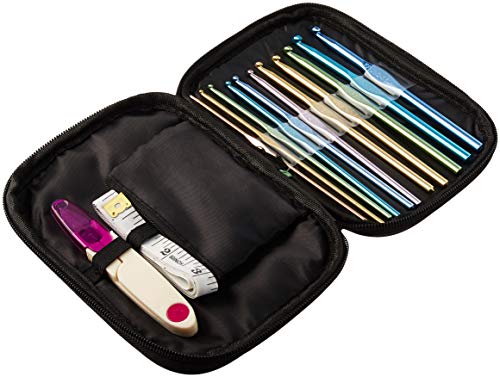 KiwiVine Crochet Kit in Zippered Pouch with 11 Hooks, Scissor, Measuring Tape, Stitch Markers & darning Needles