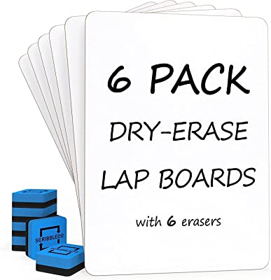 Scribbledo 6 Pack Small White Board Dry Erase Boards Classroom Pack Mini White Boards 9" x12” Personal Whiteboards for Students Teachers School Supplies Lapboards l 6 Mini Whiteboard Erasers Included