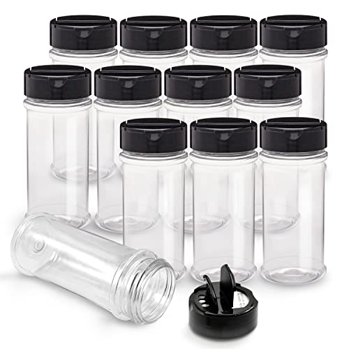 SALUSWARE - 12 PACK - 5.5 Oz with Black Cap - Plastic Spice Jars Bottles Containers ï¿½ Perfect for Storing Spice, Herbs and Powders ï¿½ Lined Cap - Safe Plastic ï¿½ PET - BPA free - Made in the USA