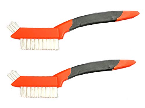 ALAZCO 2 Soft-Grip Handle Heavy-Duty Tile Grout Brush - Extra-Stiff Bristles - Scraper Edge Plus Narrow Tip Bristles for Hard to Reach Areas Multi-Purpose - Red & Black