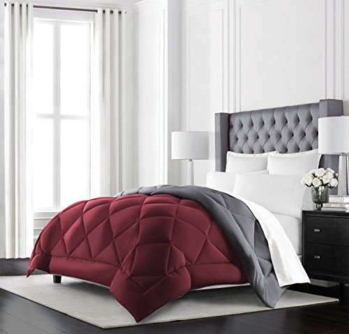 Book Cover Beckham Hotel Collection Goose Down Alternative Reversible Comforter - All Season - Premium Quality Luxury Hypoallergenic Comforter - Full/Queen - Burgundy/Grey