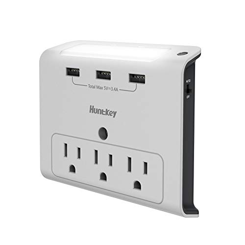Book Cover Huntkey Wall Outlet Extender, 3 Outlets Expander, 3 USB Charging Ports , Auto Sensor LED Nightlight (SMD30734)
