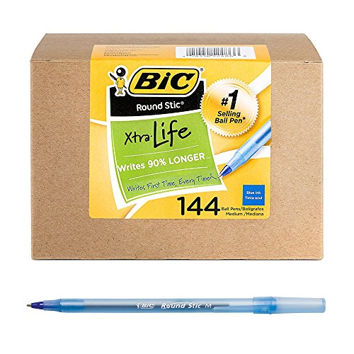 Book Cover BIC Round Stic Xtra Life Ballpoint Pen, Medium Point (1.0mm), Blue, 144-Count