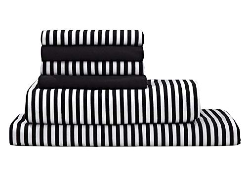 Debra Valencia Awning Striped Sheets - 6 Pc Set 2 Bonus Pillowcases! (Full, Black)