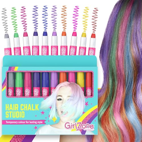 GirlZone HAIR CHALKS BIRTHDAY GIRLS GIFTS : 10 Colorful Hair Chalk Pens. Temporary Color for Girls for All Ages. Makes a Great Birthday Gifts Present For Girls Age 4 5 6 7 8 9 10 years old