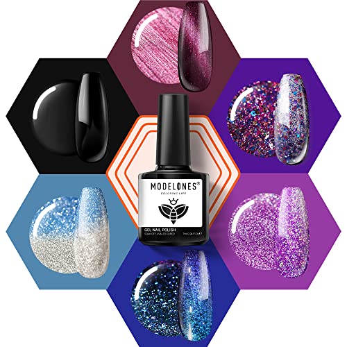 Modelones Glitter Gel Nail Polish - Cat Eye Gel Nail Polishes Black Blue LED Gel Nail Polish Set Temperature Color Changing Gel Polish Nail Art Starter Kit for Beginner Soak Off DIY at Home