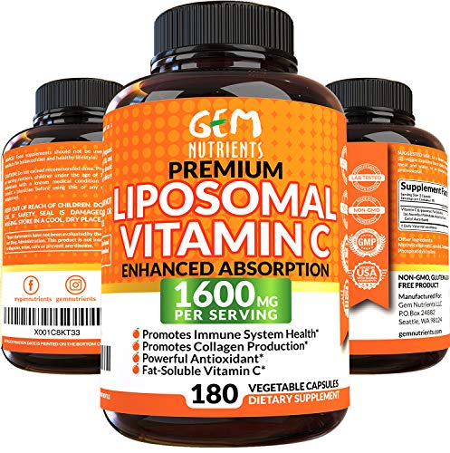 Gem Nutrients Liposomal Vitamin C 1600mg, 180 Capsules - High Absorption, Fat Soluble VIT C, Antioxidant Supplement, Immune System Support & Collagen Booster, Non-GMO, Vegan Pills