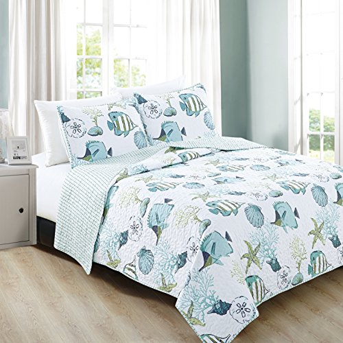 Book Cover Home Fashion Designs 3-Piece Coastal Beach Theme Quilt Set with Shams. Soft All-Season Luxury Microfiber Reversible Bedspread and Coverlet. Seaside Collection Brand. (Full/Queen, Multi)