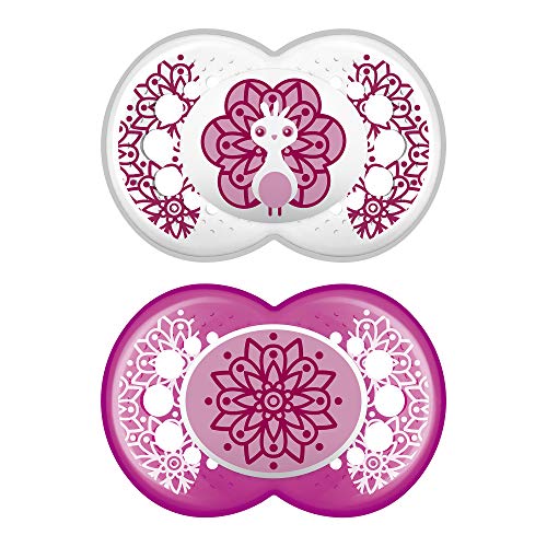 MAM Original Baby Pacifier, Nipple Shape Helps Promote Healthy Oral Development, Sterilizer Case, 2 Pack, 6-16 Months, Clear/Girl