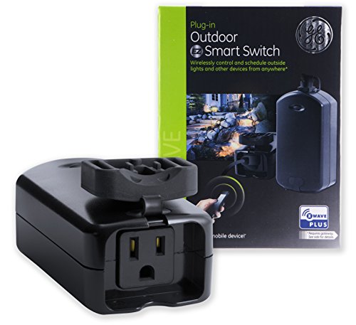 Book Cover GE 14284 Enbrighten Z-Wave Plus Smart Outdoor Switch, 1-Outlet Plug-In, Weather-Resistant, Works with Alexa, Google Assistant, for Landscape & Seasonal Lighting. Hub Required, Black