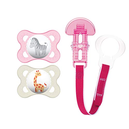 MAM Pacifier and MAM Pacifier Clip Value Pack (2 Pacifiers & 1 Clip), Pacifiers 0-6 Months for Baby Girl, Baby Pacifiers Animals Design, Baby Pacifier Clips