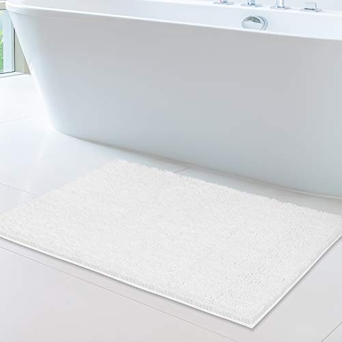 Soft Plush Chenille Bathroom Rug, Absorbent Microfiber Bath Mat, Machine Washable, Non-Slip Grip, Quick-Dry, Thick Shag Carpet Great for Bath, Shower Floor, Bedroom, or Door Mat (White, 24x39)