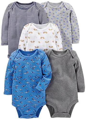 Simple Joys by Carter's Baby Boys 5-Pack Long-Sleeve Bodysuit, Blue/Grey, 0-3 Months