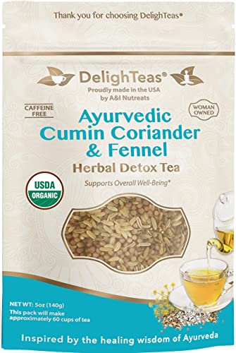 DelighTeas Organic Digest & Detox CCF Tea | Ayurvedic Cumin, Coriander, Fennel Loose Leaf Tea for Digestion, Detox Cleanse | USDA Organic, Non-GMO, Caffeine Free, Sugar Free | 60 Servings, 5 oz.