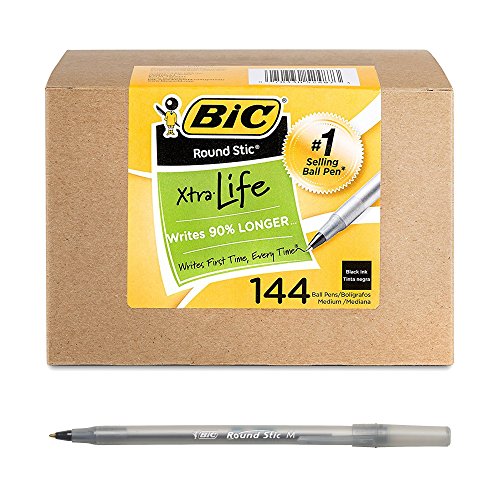 Book Cover BIC Round Stic Xtra Life Ballpoint Pen, Medium Point (1.0mm), Black, 144-Count